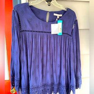 Daniel Rainn Navy Embroidered Bell Sleeve Blouse, XL